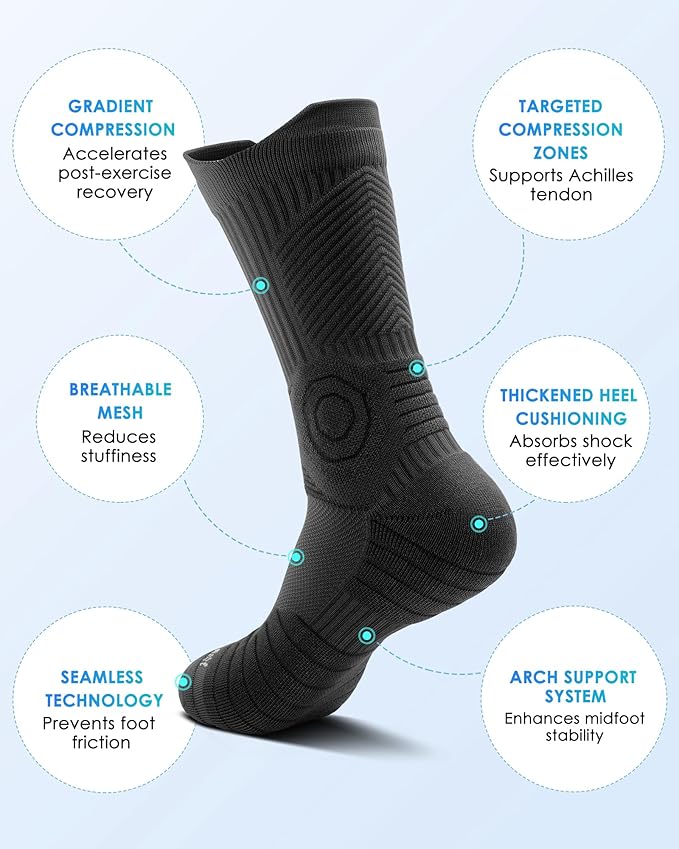 findway Compression Running Socks 3 Pairs, Anti-Blister Crew Socks All Day Dry Athletic Socks for Men and Women