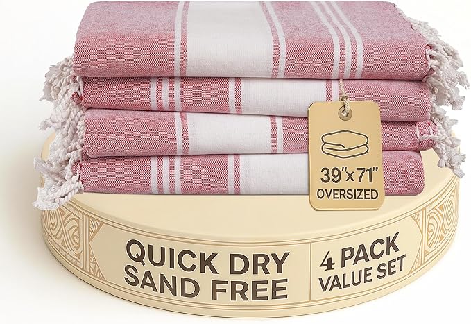 LANE LINEN Beach Towel Set of 4, Turkish Beach Towel Set, Pre-Washed Pool Towels, Quick Dry Travel Beach Towel, Extra Large Beach Towels Oversized, 39"x71" - Cashmere Rose