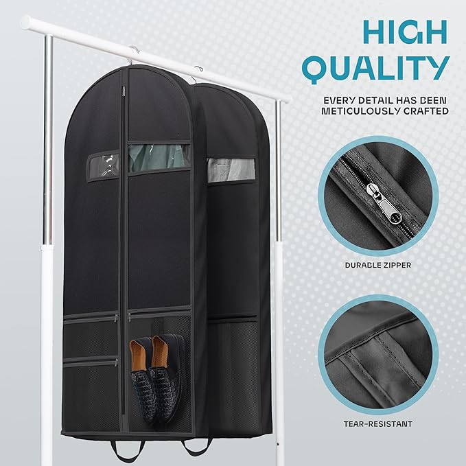 Travel Garment Bag with Zipper Pocket, Suit Bag for Suits, Dresses, Coats