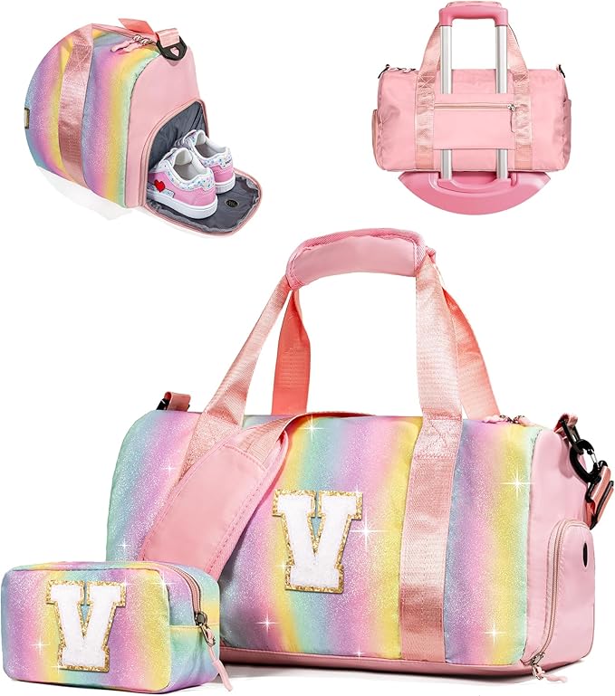 7 Year Old Girl Gifts-Girl Gym Bag with Shoe Compartment, Kid Personalized Weekender Overnight Bags, Initial Travel Tote with Makeup Pouch, Girls Kids Gift (Letter V)