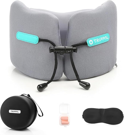 GOLDORANGE Travel Pillow Upgraded Airplane Neck Pillows Chin Support Adjustable Memory Foam Travel Essentials for Car Home Office Headrest Sleep with with Eye Masks Earplugs and Luxury Bag, Gray-Blue