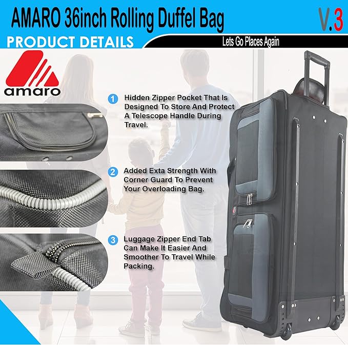 AMARO 36-Inch Rolling Duffle Bag with Wheels and Handle – Extra Large Travel Luggage with Multiple Compartments and Durable Polyester – Black/Grey