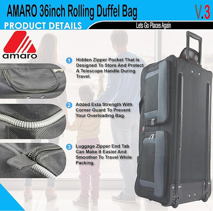 AMARO 36-Inch Rolling Duffle Bag with Wheels and Handle – Extra Large Travel Luggage with Multiple Compartments and Durable Polyester – Black/Grey
