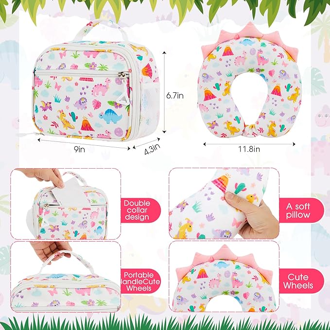 Redbaker 6 Pcs Kids Luggage Set 17 Inch Kids Rolling Luggage Double Pattern Suitcase for Girls Boys School Gift(Pale Pink,Dinosaur Style)