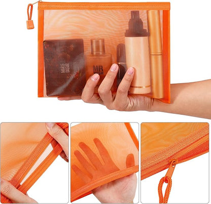 12 Pieces Zipper Nylon Mesh Pouch, Mesh Cosmetic Bags Makeup Bags Pencil Case, Multipurpose Travel Bags for Cosmetic School Office Supplies and Travel Accessories (Orange, A5)