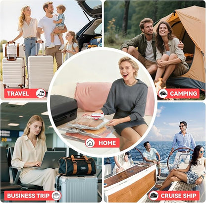 12 Pack Travel Vacuum Bags for Clothing with USB and TYPE C Pump, Compression Seal Packing Cubes for Luggage Suitcase Backpack, Carry-on Size Space Saver Storage Bags for Vacation Cruise（Red）