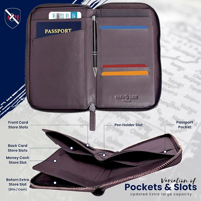 ALLEN & MATE Passport Holder Travel Wallet, 100% Leather RFID Blocking Travel Document Organiser for Men & Women