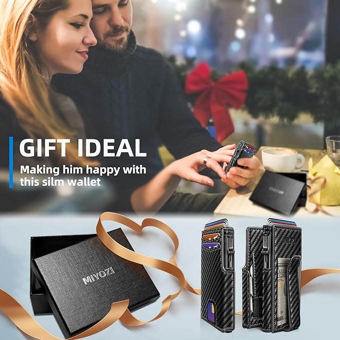 Men Wallet,with Money Clip Coins Pocket ID Window,Slim Front Pocket RFID Blocking Pop-up Card Holder 3.9"x 2.7", Gift Boxed