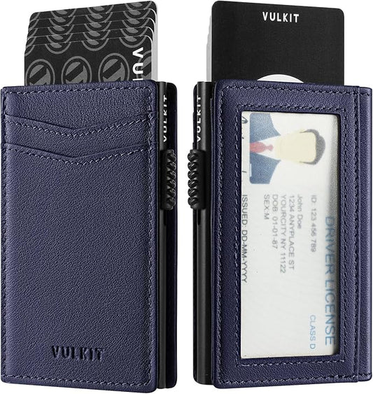 VULKIT Men's Wallet with ID Window Top Grain Leather RFID Blocking Minimalist Wallet Pop Up Card Holder Magnetic Closure