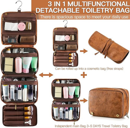 Elviros Hanging Travel Toiletry Bag Gift for Men，Mens Toiletries Bag Gifts Set Shaving Dopp Kit Water-resistant Bathroom Toiletries Organizer PU Leather Cosmetic Bags 2 Pack
