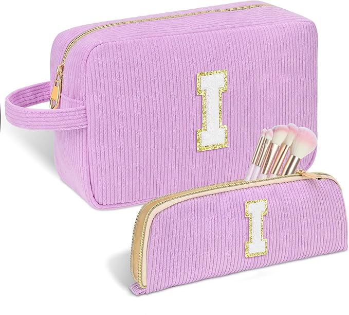 Personalized Initial Makeup Bag Trendy Stuff Corduroy Cosmetic Bag Travel Toiletry Bag for Women, Christmas/Thanksgiving/Halloween Gifts Makeup Organizer Case for Teen Girls Mom Girlfriend Wife.