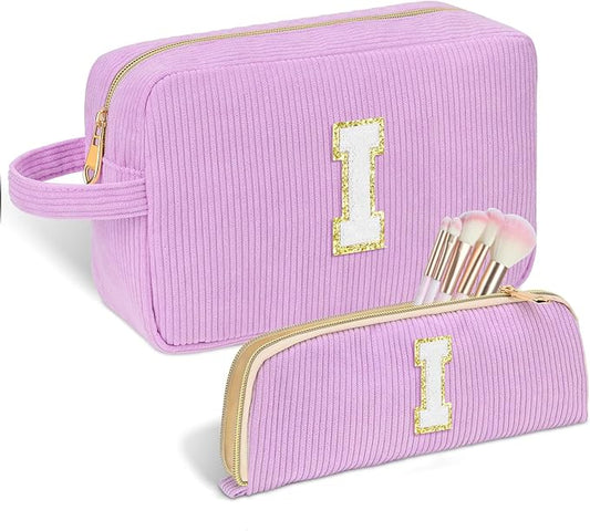 Personalized Initial Makeup Bag Trendy Stuff Corduroy Cosmetic Bag Travel Toiletry Bag for Women, Christmas/Thanksgiving/Halloween Gifts Makeup Organizer Case for Teen Girls Mom Girlfriend Wife.