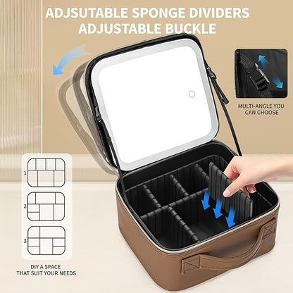 Travel Makeup Bag with LED Mirror – Waterproof Cosmetic Train Case with Adjustable Dividers, Portable Makeup Organizer and Toiletry Bag for Women, Pink Teens & Girls Gift