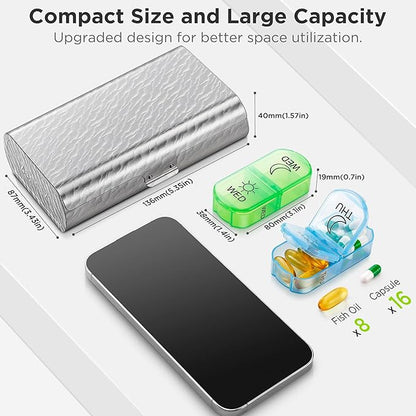 Zannaki Metal XL Weekly Pill Organizer 2 Times a Day, Large Travel Daily Pill Box 7 Day, Portable Week Twice Pill Holder Container, AM PM Pill Case for Medicine Vitamin Medication Supplement, Silver