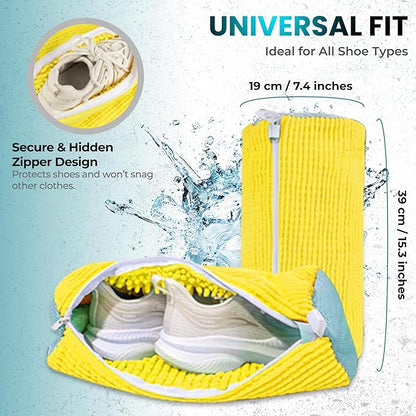 XXL Shoe Washing Machine Bag - 2 Pcs Set - 360° Resuable Shoe Bag for Washing Machine and Dryer - Wrap Shoe Washing Bag for Sneakers, Boots & Delicate Footwear (Yellow)