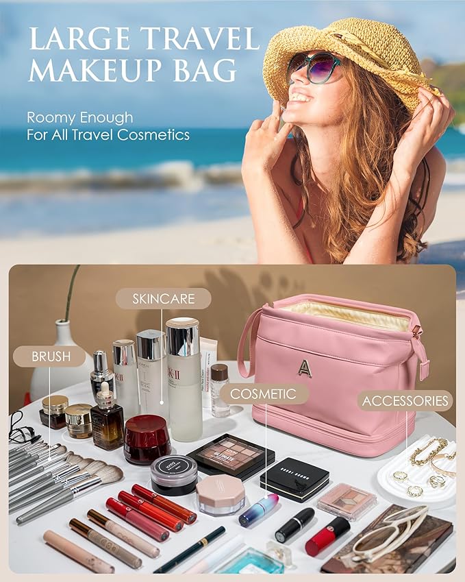 Gifts for Teacher-Initial Makeup Bags, Personalized Double Layer Cosmetic Bag with Makeup Brush Organizer, Women Birthday Gifts, Large Capacity PU Leather Toiletry Bag, Gifts for Friends