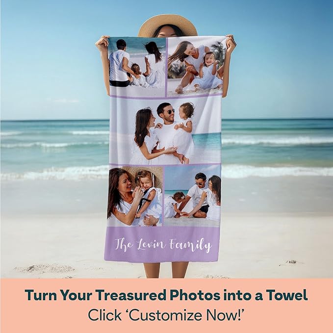 Winslow & Brody Ships Next Day - Personalized Beach Towel for Kids & Adults - Printed in USA - Custom Towels with Picture and Text - Quick Dry Pool Towels - Cotton/Poly Blend - 30" x 60" - 5 Photos