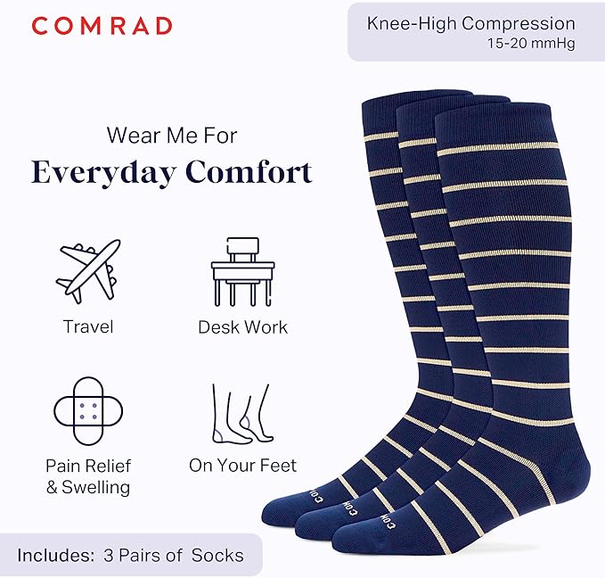 Comrad Nylon Knee High Socks - 15-20mmHg Graduated Compression Socks - Soft & Breathable Support Unisex Socks