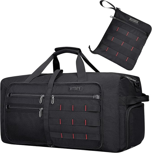 WITZMAN Foldable Duffle Bag for Travel 65L Lightweight Packable Duffel Bag with Shoes Compartment Overnight Bag for Men Women (B697 Black)