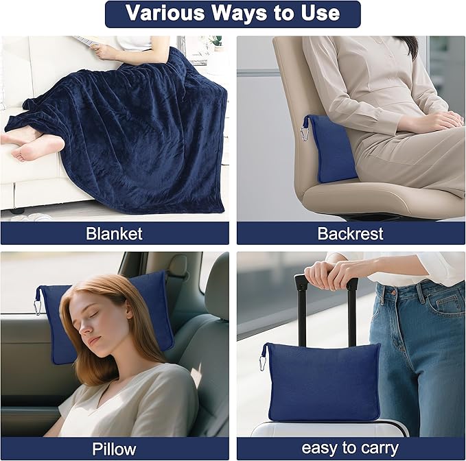2-in-1 Convertible Travel Blanket & Pillow-Ultra Soft, Compact & Packable with Hand Luggage Sleeve and Backpack Clip for Flight & Car,Navy Blue