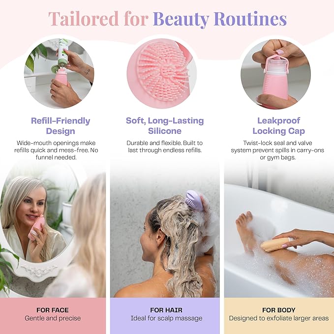 Sumina Silicone Travel Bottles 3-Pack (3.4 oz) with TSA Bag | TSA-Approved Leakproof Toiletry Containers | Refillable Shampoo Bottles with Gentle Exfoliation | Soft, Squeezable Silicone