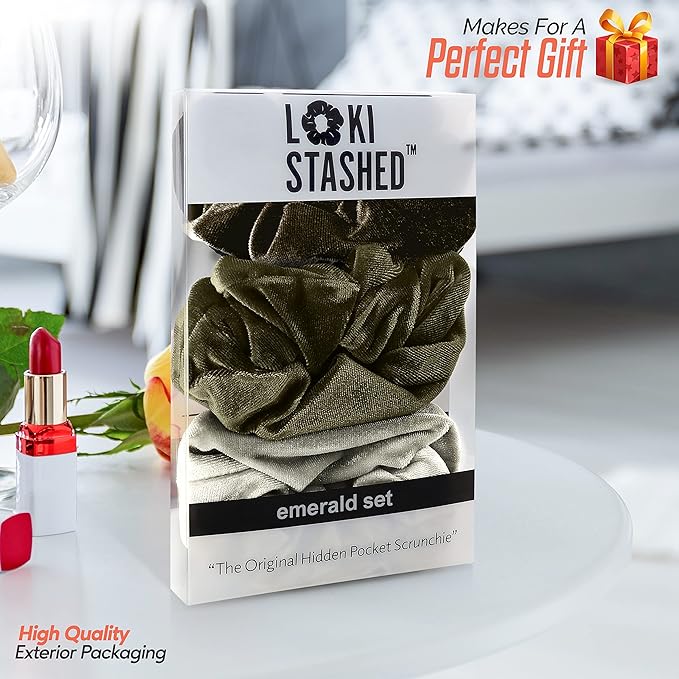 3-PACK Velvet Hair Tie Scrunchies for VSCO Girls & Women, THE ORIGINAL HIDDEN POCKET SCRUNCHIE with Zipper Pocket Storage, Accessories, Small Items, Keys, Money - Emerald Set