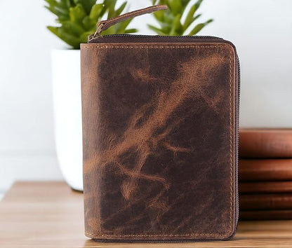 Passport Wallet - Travel Document Holder w/RFID Blocking – Full Grain Leather – Bifold compact zip around Wallet with Credit Card Slots for Women and Men,distressed brown,500-30