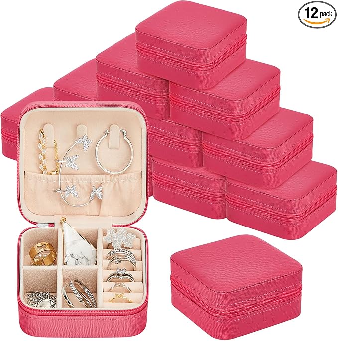 Taiyin 12 Pcs Travel Jewelry Case Box Bridesmaid Gifts Bulk Travel Jewelry Cases Boxes Small Jewels Organizers Mini Accessories Ornaments Storage for Women Girls Wedding Gifts (Rose Red)