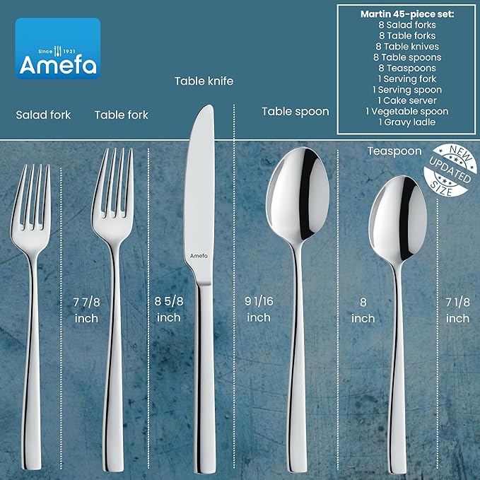Amefa Martin 45-Piece Flatware, Set for 8 – Stainless Steel Silverware with Polished Mirror Finish, Ergonomic Handles, Rust-Resistant Cutlery Featuring Forks, Knives, Spoons, Salad Forks & Teaspoons