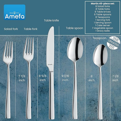 Amefa Martin 45-Piece Flatware, Set for 8 – Stainless Steel Silverware with Polished Mirror Finish, Ergonomic Handles, Rust-Resistant Cutlery Featuring Forks, Knives, Spoons, Salad Forks & Teaspoons