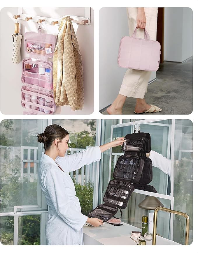 BAGSMART Travel Toiletry Bag with Jewelry Organizer, Hanging Travel Bag for Toiletries, Puffy Makeup Cosmetic Bag Organizer, Carry-on Travel Accessories Essentials, Beige-M