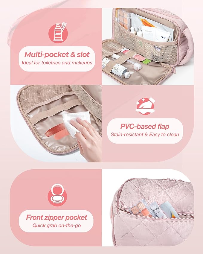 Travel Toiletry Bag for Women, Water Resistant Makeup Organizer with Wide-Open Design for Toiletries and Cosmetics, Pink (Bag Only)