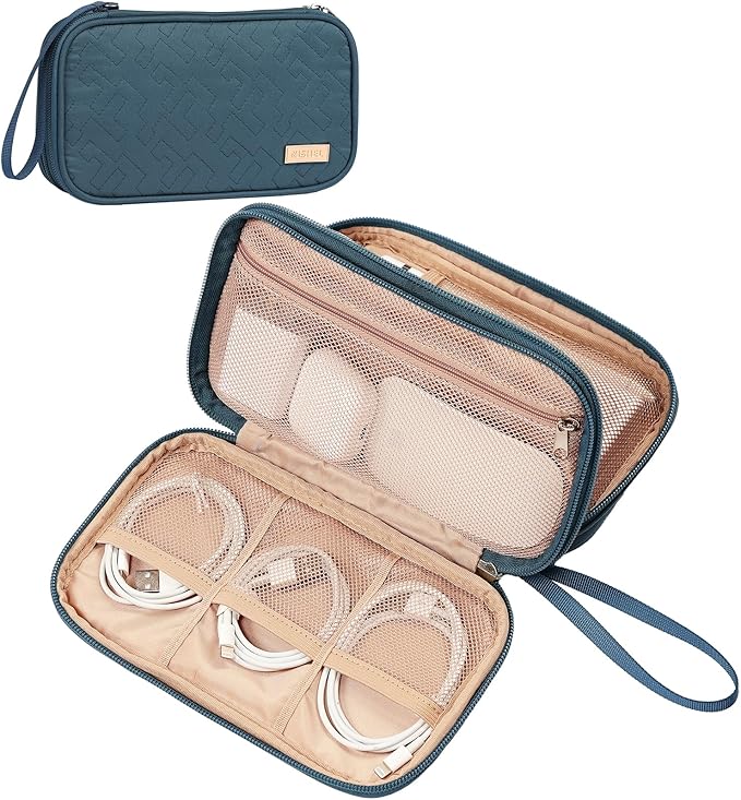 NISHEL Travel Cord Organizer Case, Double Layers Tech Electronic Bag, Essentials for Charger, Cable, Phone, Flash drive, Medium, Lake-Blue