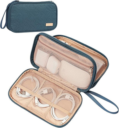 NISHEL Travel Cord Organizer Case, Double Layers Tech Electronic Bag, Essentials for Charger, Cable, Phone, Flash drive, Medium, Lake-Blue