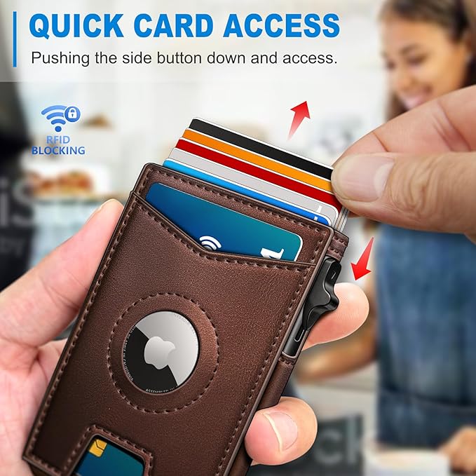 Airtag Wallet for Men,with Money Clip Gift Boxed,Slim Front Pocket Wallet RFID Blocking Metal Case Smart Pop-up Credit Card Holder in Magnetic Leather Flip