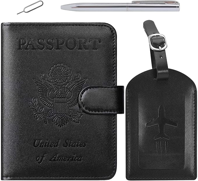 Passport Holder With Luggage Tag Cover Wallet RFID Blocking Leather Case Travel Essentials Accessories Travel Must Have(114#Black)