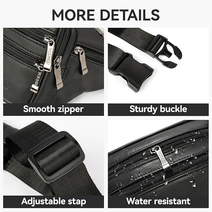 Leather Fanny Pack for Men Women,Genuine Leather Waist Belt Bag with Adjustable Strap Belt Hip Bag with Multi-Pockets for Travel Sports Running Cycling Hiking