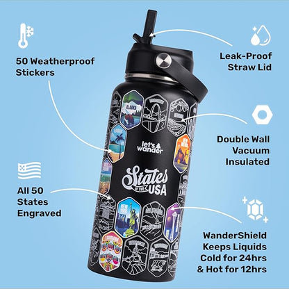 LET'S WANDER 50 States Water Bottle with Waterproof Stickers - 32oz Leakproof Insulated Stainless Steel with Straw - States of the USA Gift Bottle (Black)