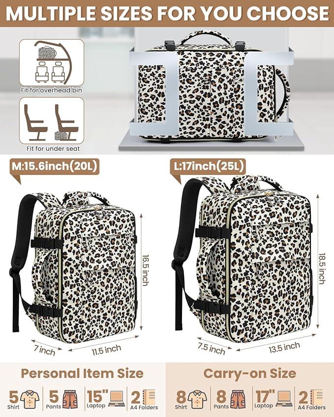 Travel Backpack for Women Man, Waterproof Personal Item Travel Bag Airline Approved Laptop Backpack Bookbag Weekender bags for Business,Travel, Work Fits 15.6 inch Laptop(Medium,Leopard)