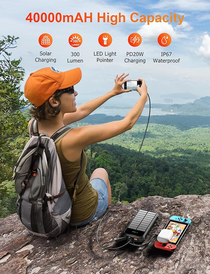 Solar Charger Power Bank, 40000mAh Portable Charger PD 20W Fast Charging Solar Power Bank Built in 4 Cables and USB-C in/Output, Camping Essentials External Battery Pack with Flashlights