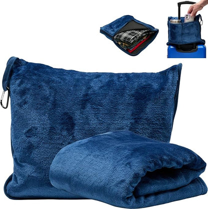 TAKE Off Travel Pillow and Blanket Set with Water Bottle Pockets and Zippered Storage for Travel Essentials – Compact Fleece Throw in a Soft Pillow Case with Luggage Sleeve. Fits 3 Days of Clothes