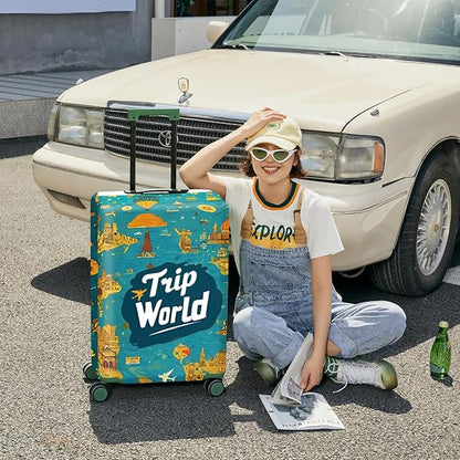 ANNA QUEEN Trip World Luggage Cover Suitcase Protector Suitcase Cover Anti-Scratch,Stretchable Fit for 18-32Inch Luggage,Travel Bag Cover Washable M(fits 22-25Inch suitcase)