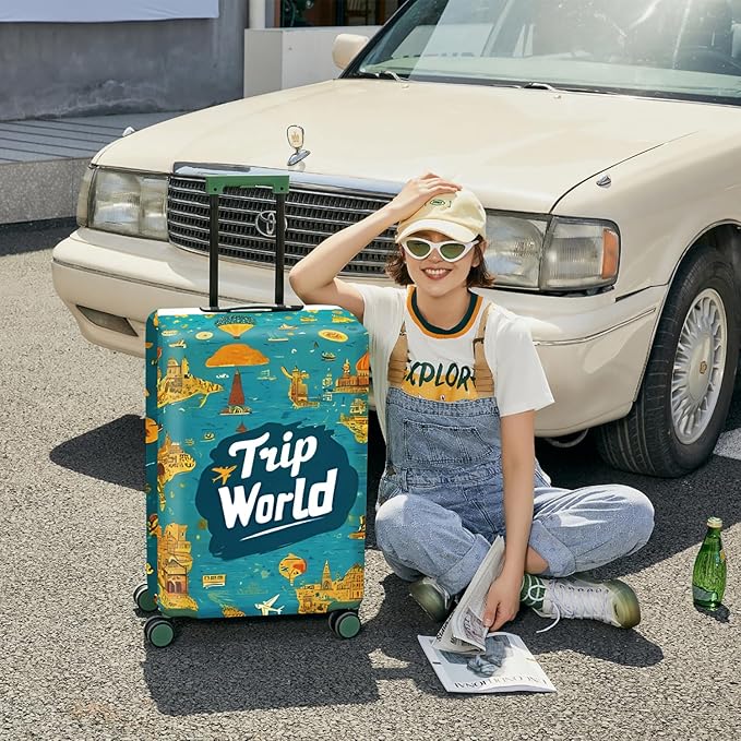 ANNA QUEEN Trip Word Travel Luggage Cover Suitcase Protector Suitcase Cover Anti-Scratch,Stretchable Fit for 18-32Inch Luggage,Travel Bag Cover Washable XL(fits 29-32Inch suitcase)