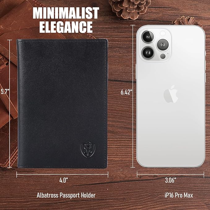 STAR VISTA Albatross Leather Travel Passport Holder, Minimalist Design, Calfskin Leather Case for Women and Men - Slim Passport Wallet, Bifold, RFID Blocking, Black