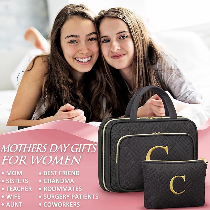 Gifts for Women, Initial Toiletry Makeup Bag Hanging Cosmetic Organizer with Embroidery Letter Personalized Nurse Teacher Appreciation Gift Birthday Christmas Gifts for Mom Sister Wife Friend Auntie