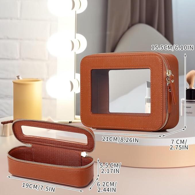 Pinkmik Travel Clear Makeup Bag with Brush Case TSA Approved Toiletry Bag Waterproof Cosmetic Organizer with Zipper Car Essential for Women (X/Brown, M+SLIM)