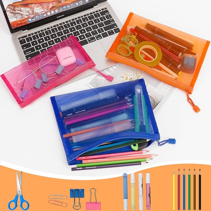 12 Pieces Zipper Nylon Mesh Pouch, Mesh Cosmetic Bags Makeup Bags Pencil Case, Multipurpose Travel Bags for Cosmetic School Office Supplies and Travel Accessories (Multicolored 01, A5+B6)