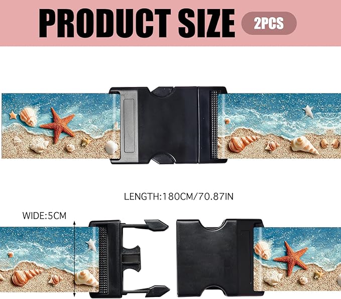 Nuxovilar Luggage Straps of 2 Set Beach Shells Starfish Pattern, 1.96x90.5 inches - Luggage Straps for Suitcases, Perfect for Beach Trips, Summer Travel, Vacations