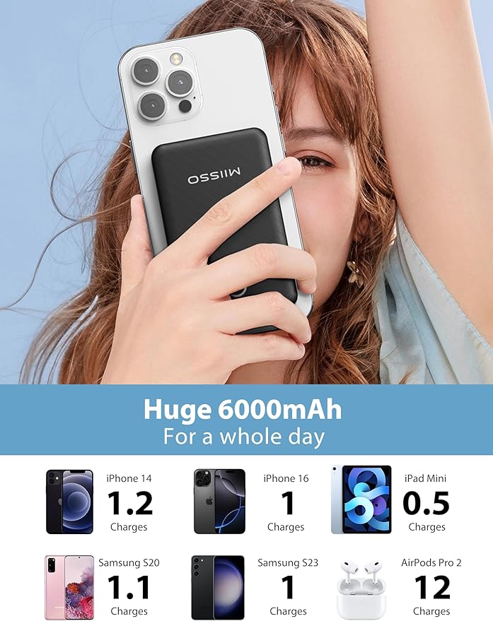 miisso 6000mah Ultra Slim Built in Cables Power Bank, Card Size Built in USB C Cords Battery Pack Portable Charger for Phones, 3 Output External Battery Pack Compatible with iPhone, Deep Black