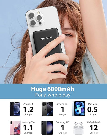 miisso 6000mah Ultra Slim Built in Cables Power Bank, Card Size Built in USB C Cords Battery Pack Portable Charger for Phones, 3 Output External Battery Pack Compatible with iPhone, Deep Black